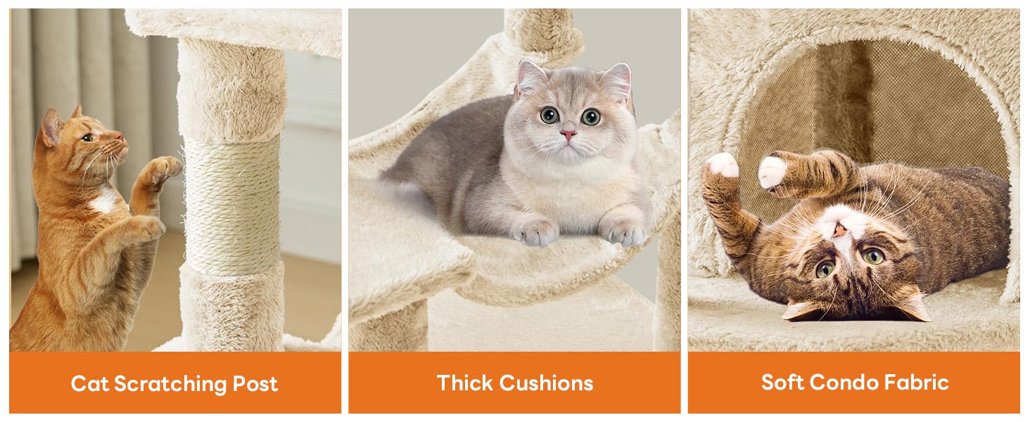 44/66 inch Cat Tree Tower, Multi-Cat Climbing Tower with Condo, Natural Sisal Scratching Posts, Extended Platform, Hammock, Pet House for Indoor Cats and Kittens Play