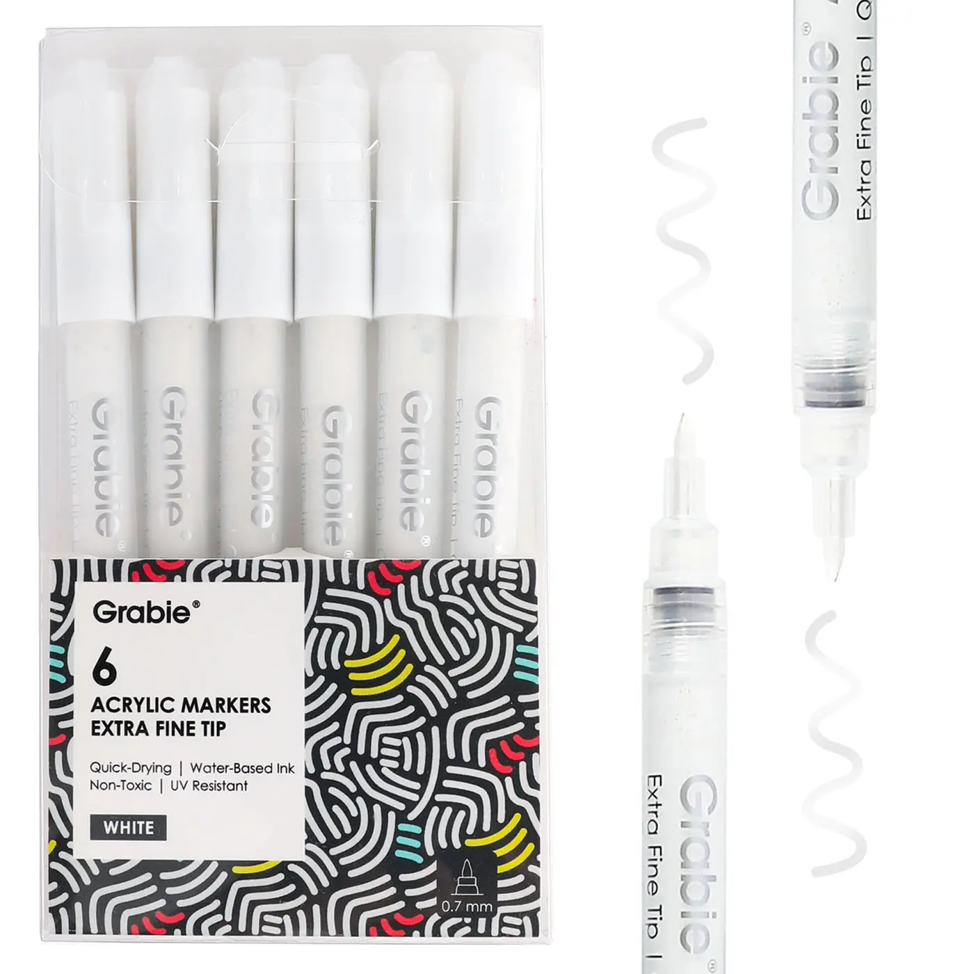 Grabie White 0.7mm Extra Fine Point Acrylic Markers Set of 6 - Art Marker Pen with Safe Premium Formula, Quick-Drying, Long-Lasting Highlights, Smooth Opaque, UV-Resistant, Water-Resilient for Office Stationery Writing & Correction, Painting, Indoor Use