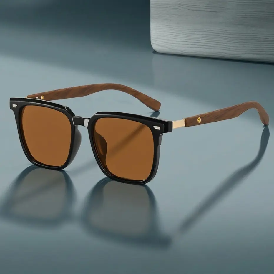 Men's 90s Retro Square Sunglasses - Unisex Fashion Eyewear with Gold Metal Connector, Wood Texture Temples, Brown Polarized UV400 Lenses, Driving Shades, Sunglasses for Women