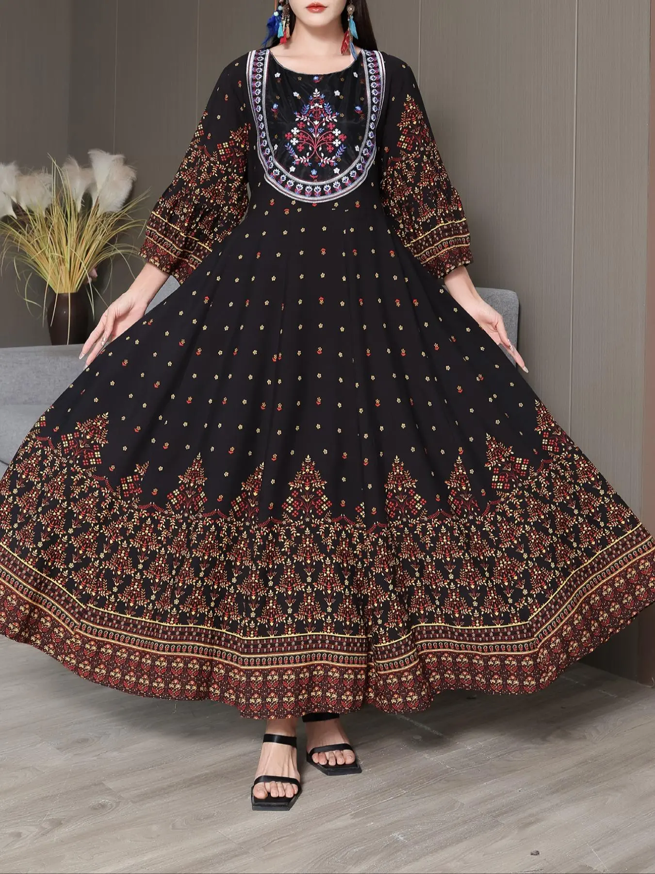 Women's Floral Embroidery Long Dress Bohemian Print Dresses for Beach Holiday Vacation, Ladies Clothes for All Seasons