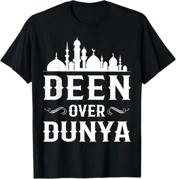 Men's Deen Over Dunya T-Shirt, Casual Short Sleeve Islamic Top with Mosque Graphic Print for Muslim Faith, Tshirt, Shortsleeve, Menswear, Cultural, Round Neck, All Seasons