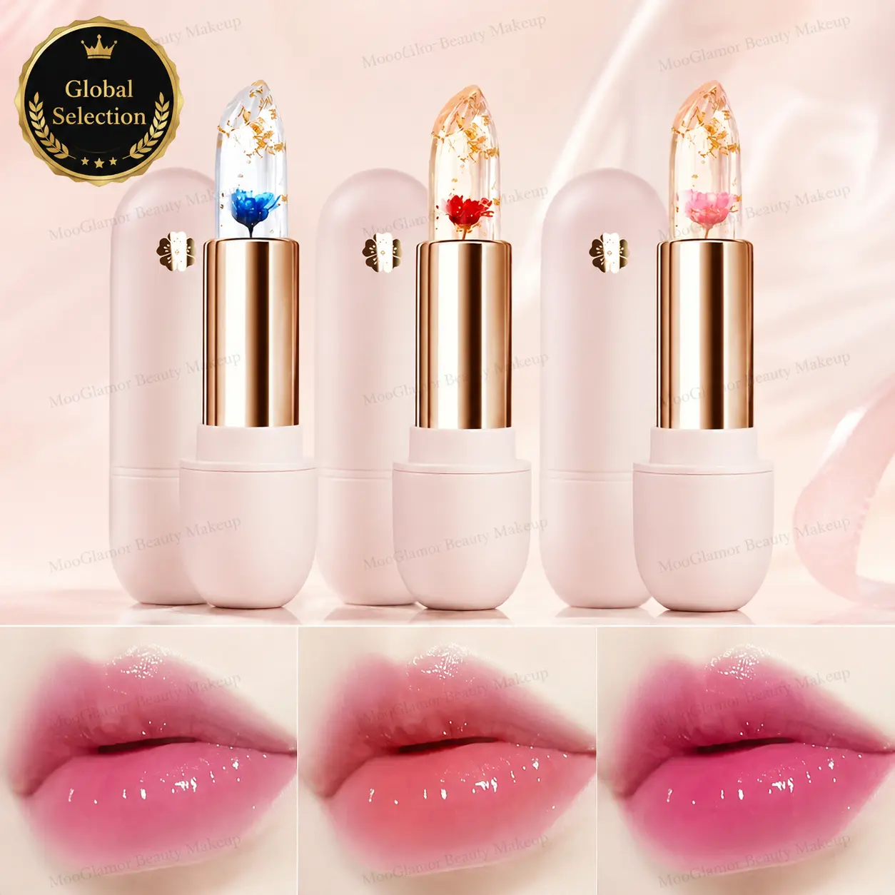 3Pcs Flower Jelly Color Changing Lipstick Set Waterproof Long Lasting Moisturizing Makeup Gold Foil Petal Hydrating Lip Tint Temperature Changing Transparent Cosmetic summeressentials