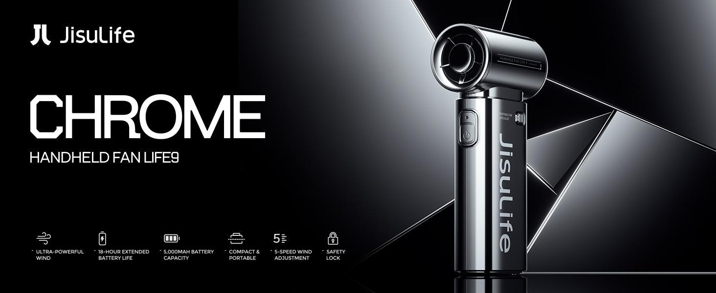 JISULIFE Life9 Chrome Portable Handheld Fan Turbo Power High Speed Air 18H Max Cooling 5 Gear Wind 5000mAh Rechargeable Mini Pocket Design with Compact USB Ideal for Birthday Gift for Men & Women