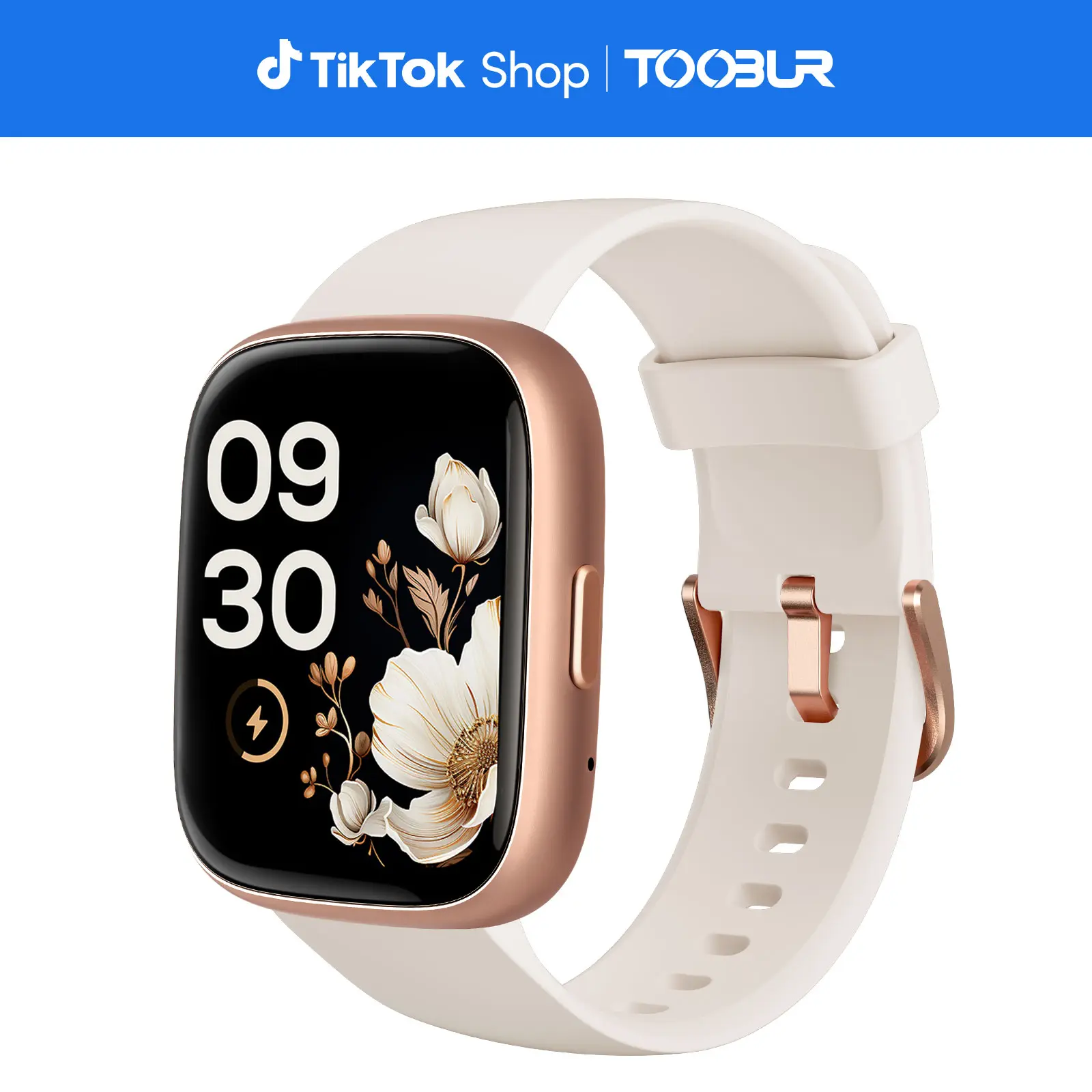 TOOBUR Silicone LCD Screen Smart Watch for Unisex Adults - Smart Watches with Bluetooth Voice Assistant, Phone Call, Music Player, IP68 Rated Waterproof, Sleep Tracker, Step/Calorie Tracker, 100 Sports Modes (Beige)