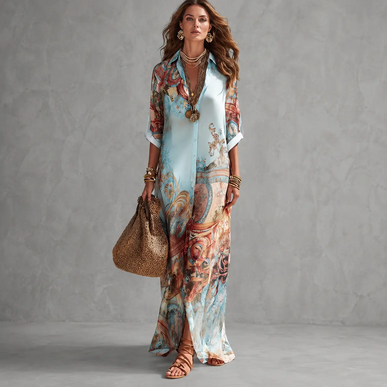 Women's Polyester Casual 3/4-Sleeve Loose-Fit Shirt Dress, Turn-Down Collar, Button Placket, Contrast-Color Pockets, Printed Design