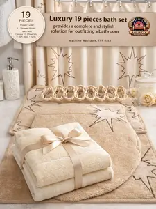 Luxury 19-pieces Bathroom set 2 Bath Mats Toilet Cover shower Curtain 3 towels 12 hooks complete.