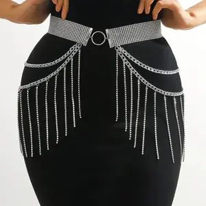 Elegant Women'S Side Slit Rhinestone Fringe Belt Metallic GoldenTone Chain Link Design for Weddings Parties Casual Attire Average Size Wedding Accessory Glamorous Design Metal Construction Wedding Dresse