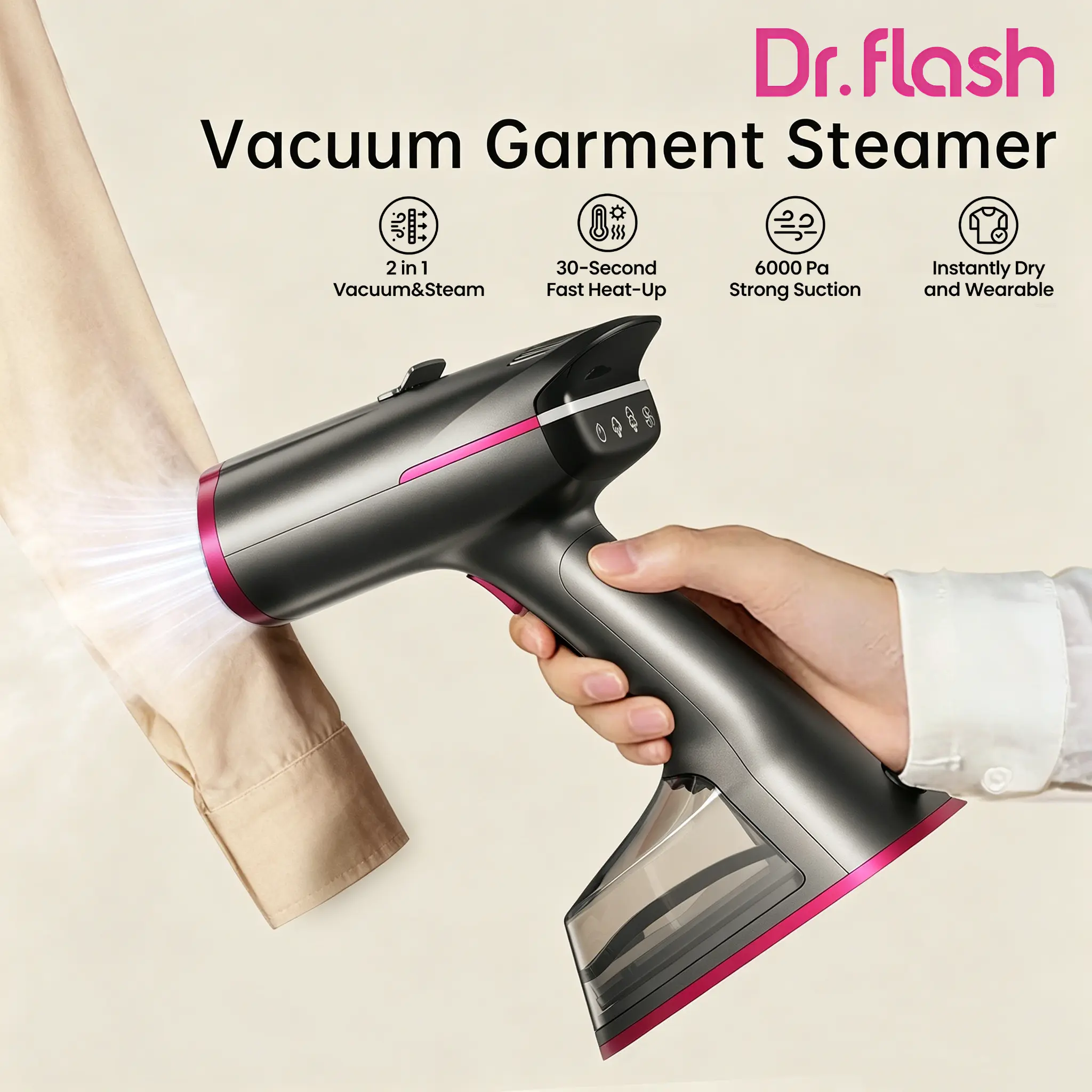 Dr.flash Vacuum Garment Steamer, Suction Steamer &Iron 2 In 1,270ml Big Capacity, 1400W Handheld Clothes Steamer, Portable Travel & Household Iron for Clothes, Fabrics, Large Cerannic Heat Panel