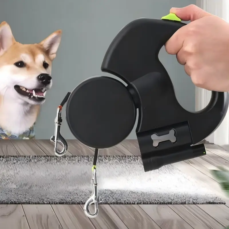 Upgraded Plastic/Polyester Auto-Retracting Dual Dog Leash for Small-Medium-Large Dogs, 360° Tangle-Free Swivel, 1-Button Brake Lock, Reflective Night-Safe Glow Strap, Anti-Slip Handle, Rustproof Hook, Bag Ready Always Poop Bag Dispenser, Safety Harnesses