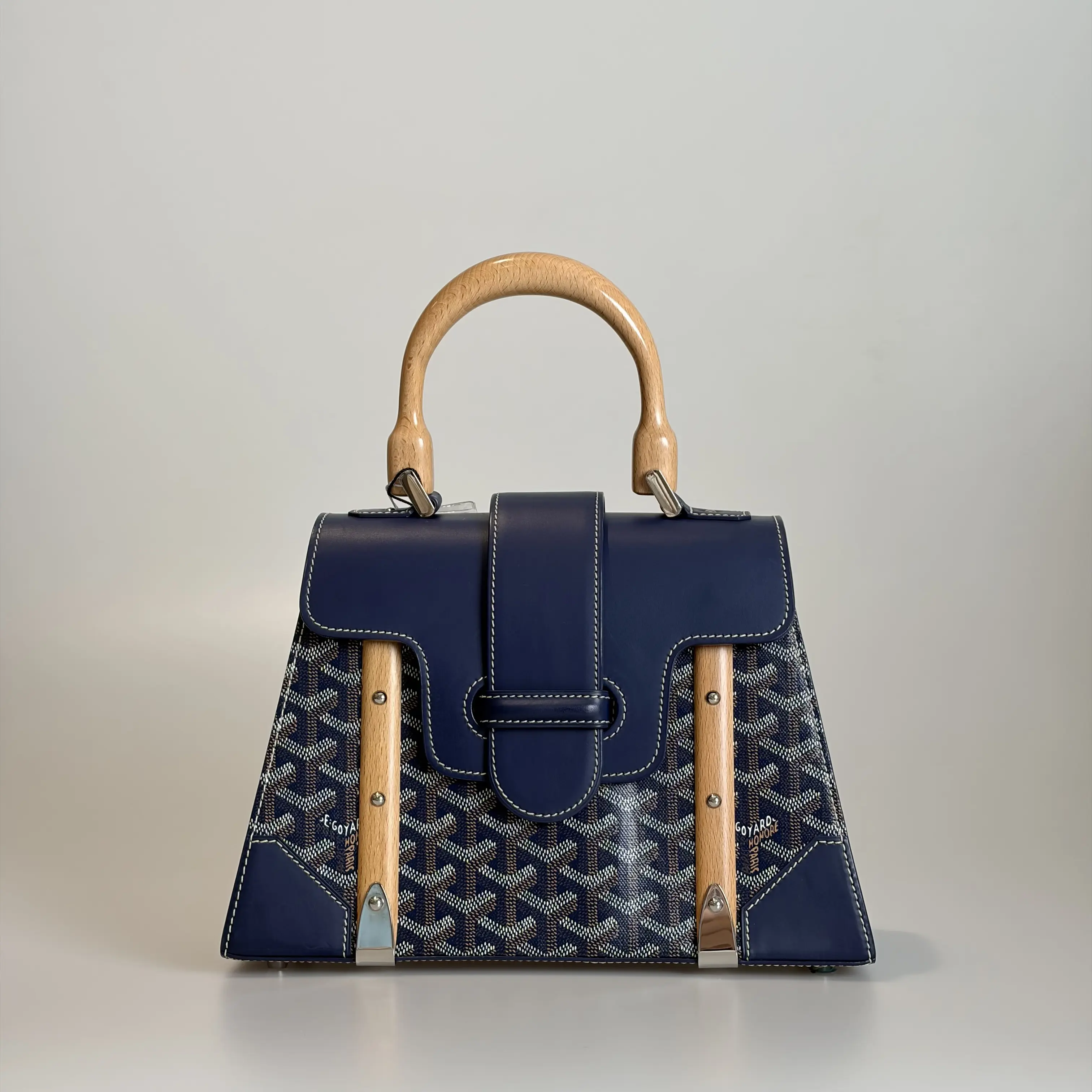 Pre-owned Goyard Coated Canvas with Chevroches Calfskin Top Handle Bag Saigon PM Navy Blue Goyardine Beech Wood 25210035 Sold As Is / Final Sale