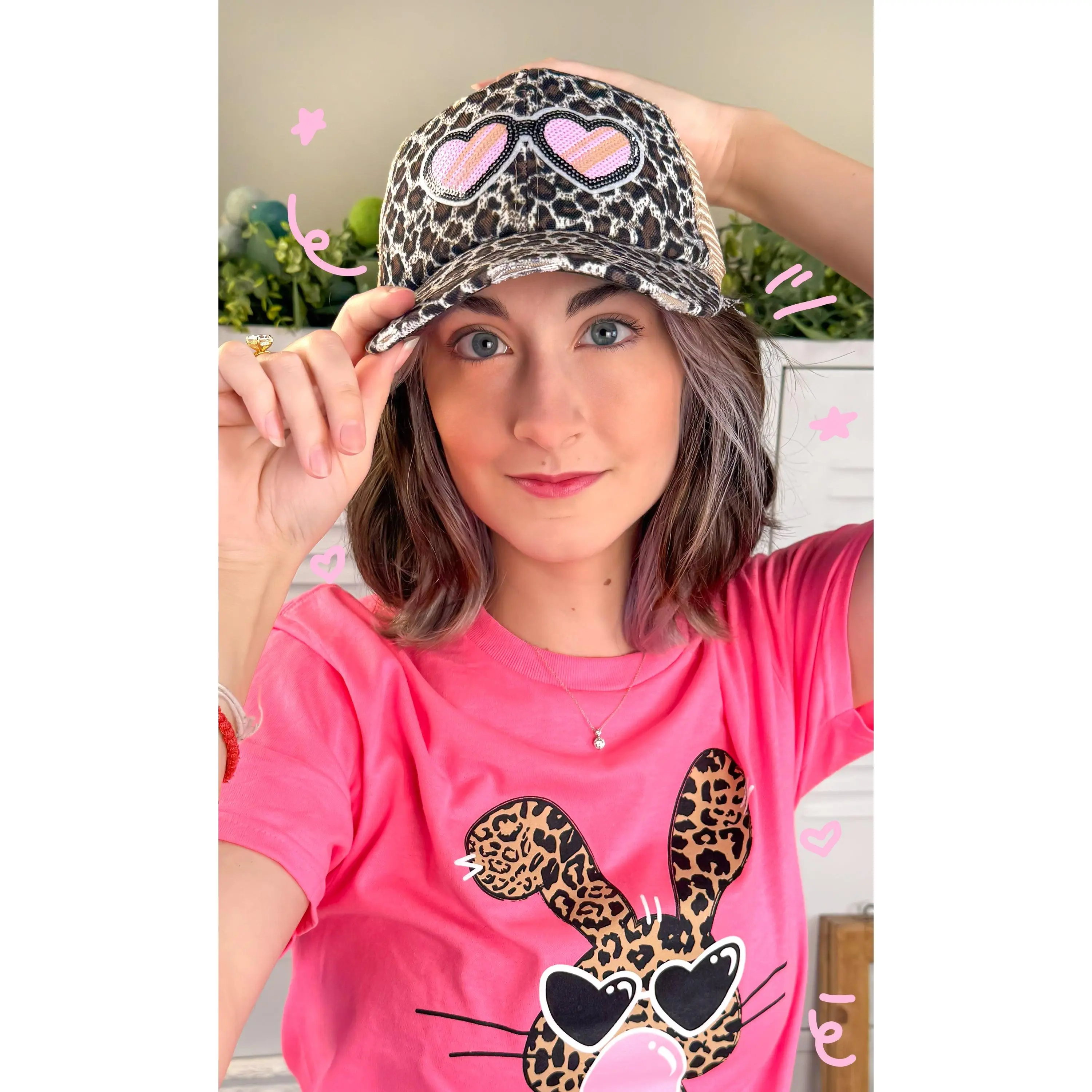 Sequin Heart Animal Print Snapback Cap - Vintage Leopard Print Visor, Statement Cap, Trendy Hat for Retro Stage Performers