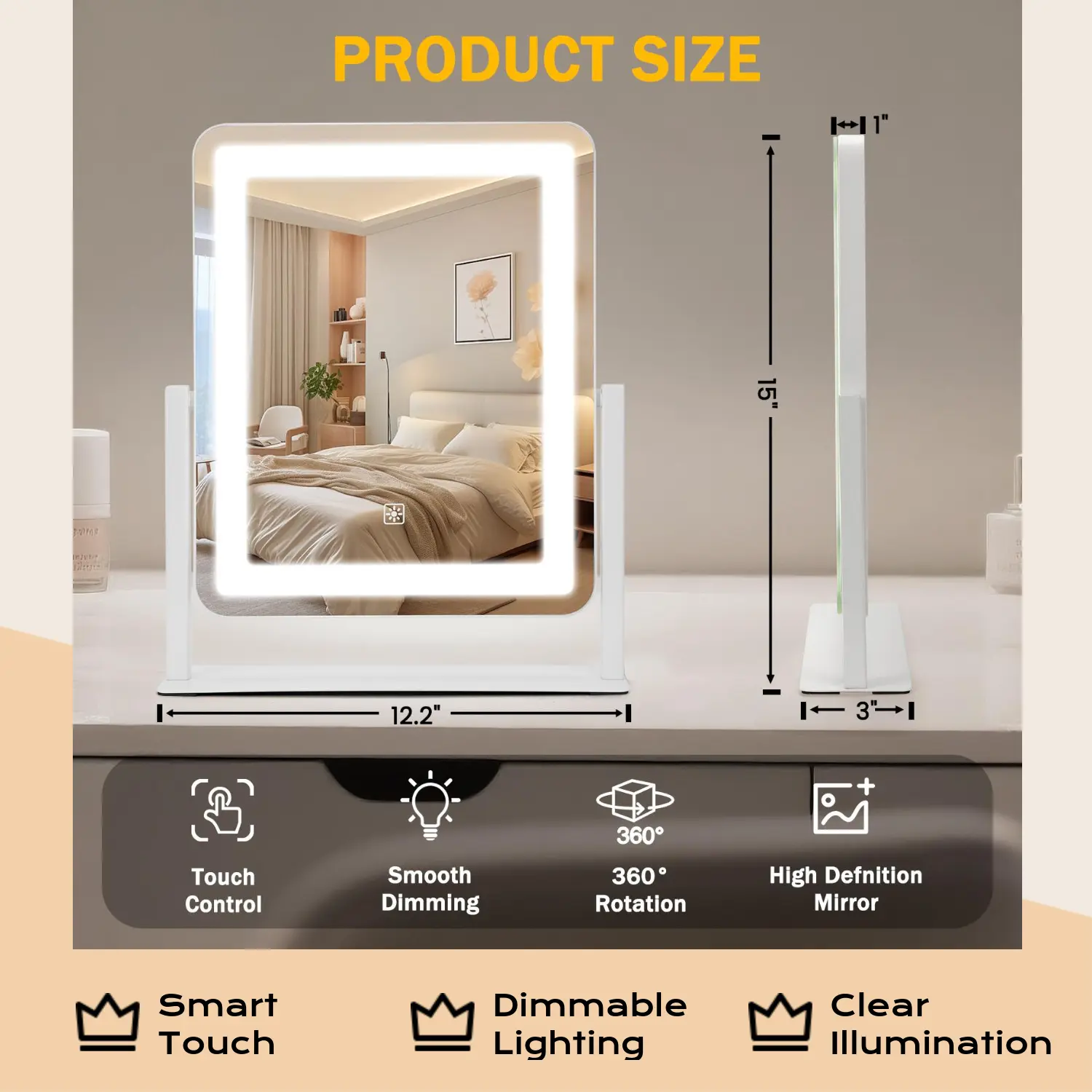 LED Vanity Makeup Mirror, 12.6"×15" Rectangle, Smart Touch Control, Dimmable 3-Mode Lights, Rotatable, Adjustable for Makeup Desk, Bedroom
