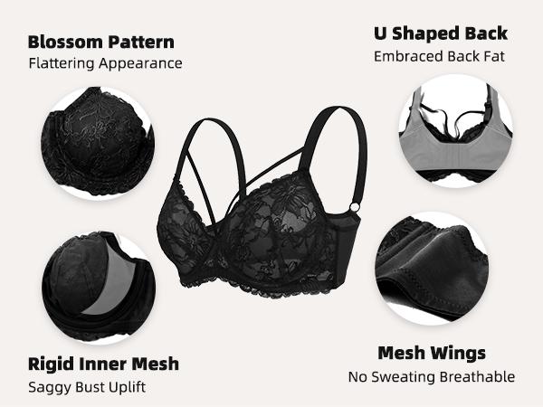 HSIA Pretty In Petals Plus Size Elegant Sheer Mesh Lace Unlined Full Coverage Strappy Underwire Non-Padded Bra with Minimizer Support  Wide Adjustable Straps for Women's Everyday Lingerie SpringStatements