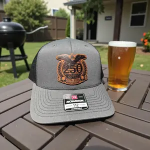 250th Anniversary Hats for Veterans, Patriotic USA America Leather Patch Hat Trucker Hat Leather Patch Richardson 112