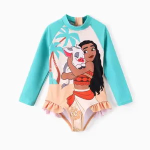 Disney Moana Girls One Piece Swimsuit - Tropical Print Long Sleeve Rash Guard Swimsuit with Ruffle Hem, Official Moana & Pua Character Swimwear for Toddlers & Little Girls,