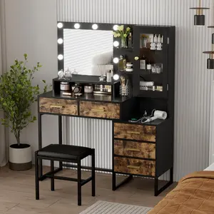 Garvee Makeup Vanity Table with Adjustable Lights in 3 Colors, Built-in Charging Station Featuring 2 USB Ports and Outlets, Large Mirror, Drawers, Shelves, Rustic Brown and Black Finish