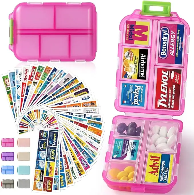 Travel Pill Organizer Box with 146 Labels, 10 Compartment Small Pill Case Medicine Kit, Portable Pocket Purse Pharmacy, Daily Weekly Vitamin Supplement Medication Holder（no pills)