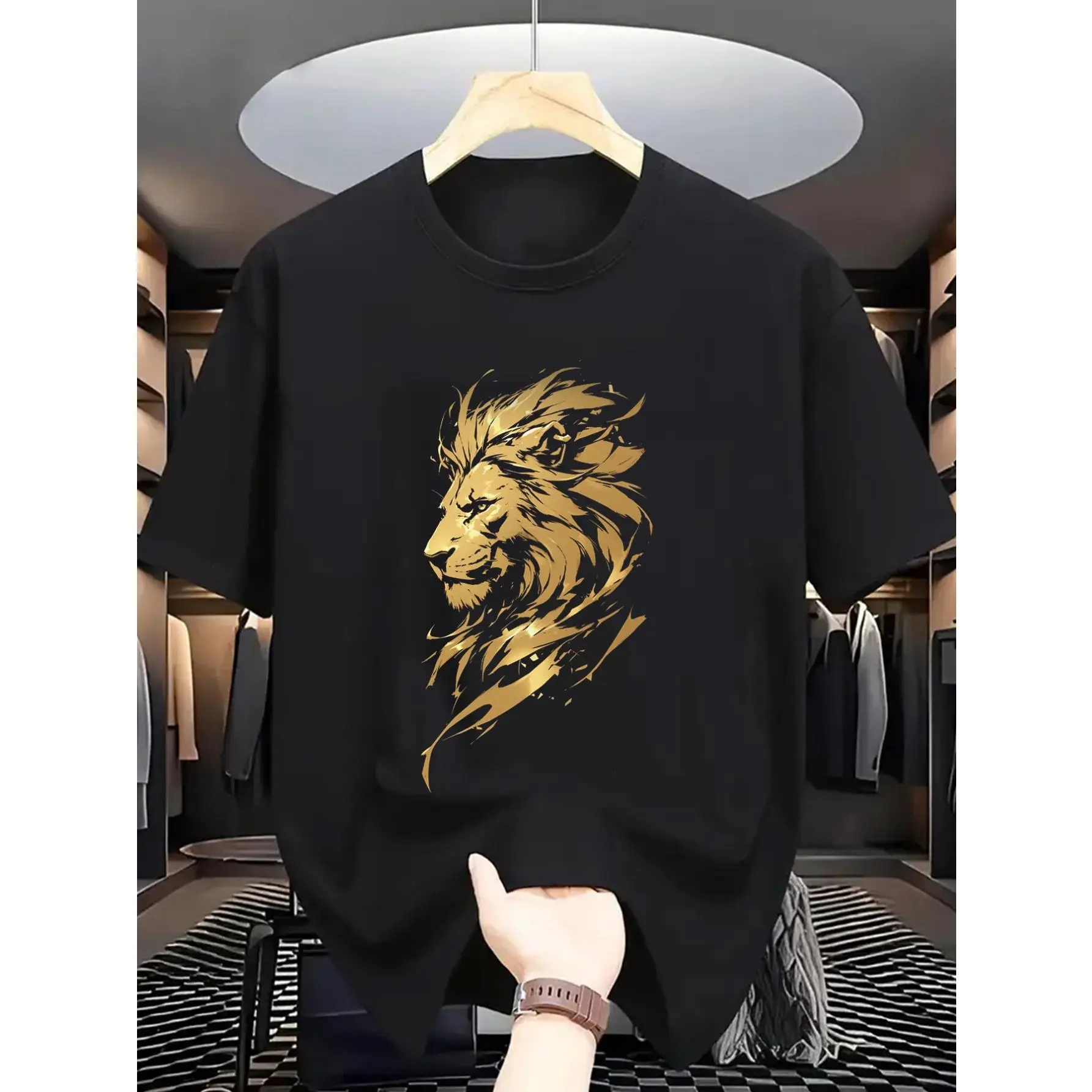 Men's Casual Summer T-Shirt - Majestic Lion Graphic Print, Short Sleeve Crew Neck, Light Gray, Slight Stretch Cotton Fabric, Classic Unisex Cut, Loose Fit, Machine Washable, Normal Type, Street Sports Top for Casual Attire