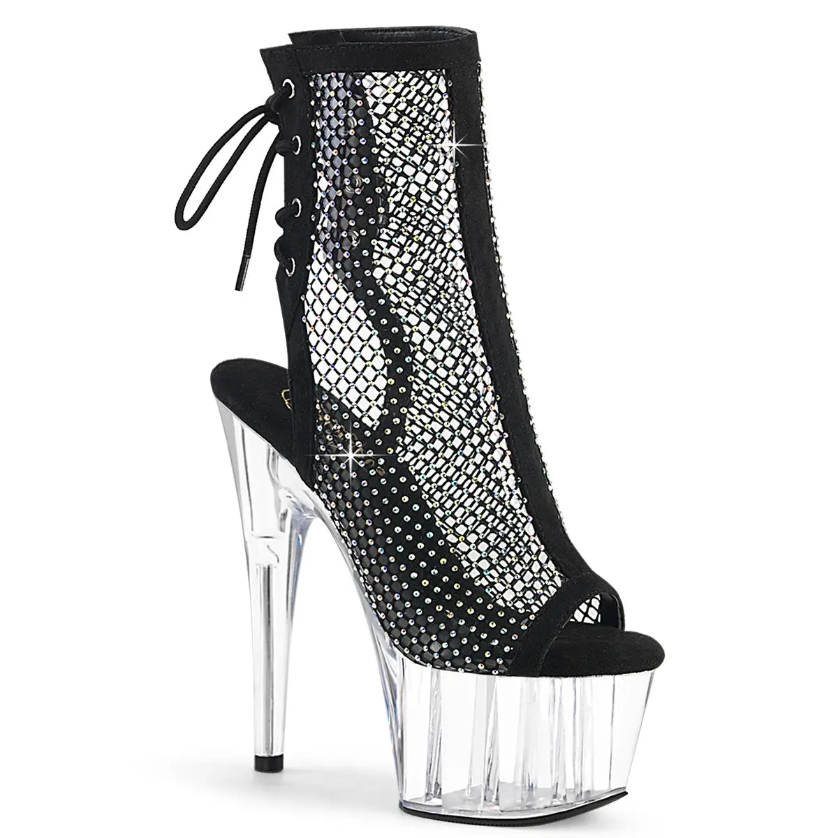 Pleaser Adore-1018RM Women's Rhinestone Mesh Fabric Ankle Boot - 7in High Heel, Open Toe, Lace-Up Back, Zip Detail, All Season Evening Statement Footwear