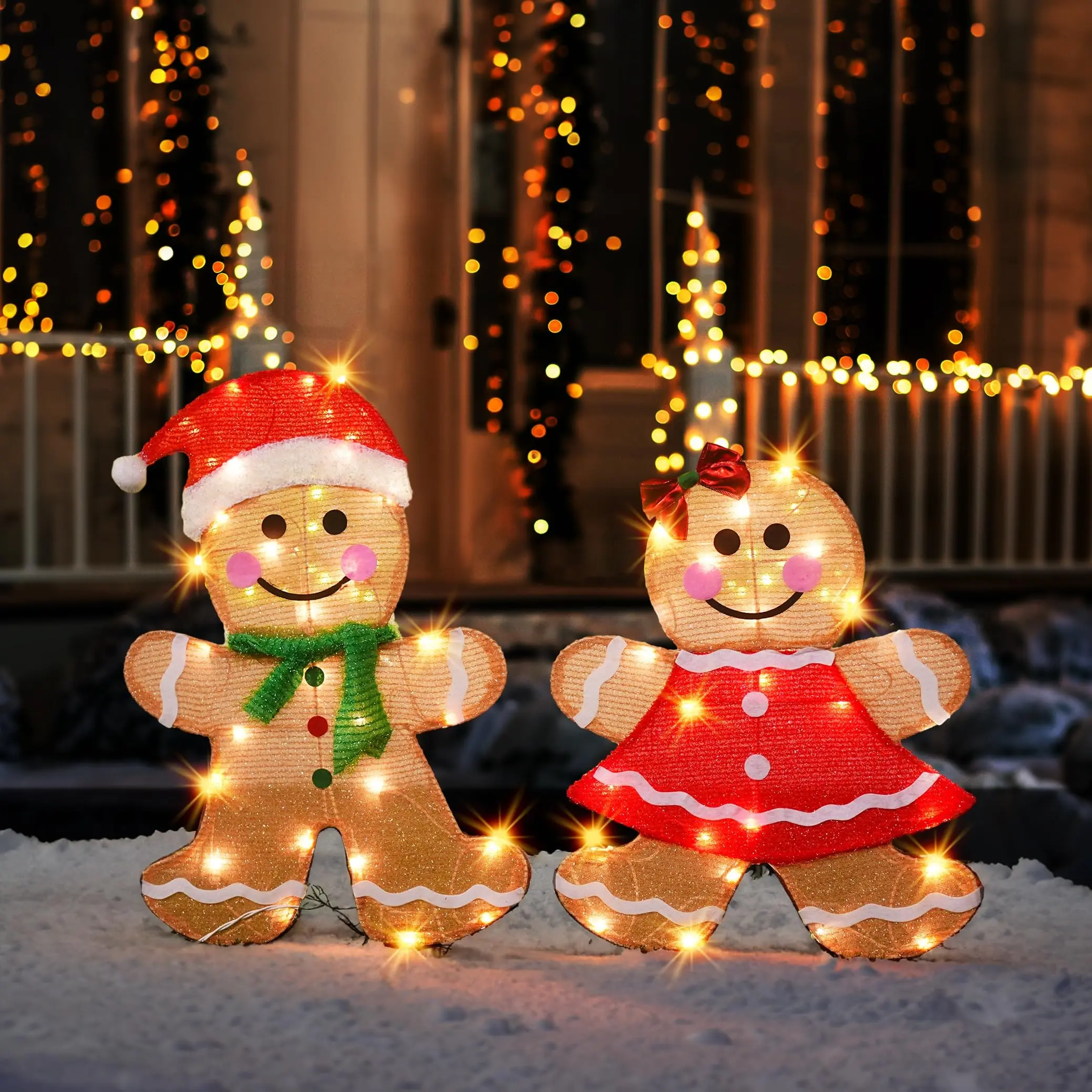 2-Pack Battery-Powered Christmas Gingerbread Men Novelty Lights - Metal Frame, Foldable, Red Hat, Green Scarf, Bow Tie Skirt, Indoor/Outdoor Yard, Porch Display (Batteries Not Included)