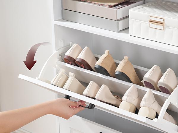 MAHANCRIS Farmhouse Shoe Cabinet with 4 Flip Drawers, Entryway Shoe Cabinet, Hidden Shoe Organizer, Narrow Shoe Cabinet with Compartments and Hooks, for Entryway, Hallway, White and Walnut