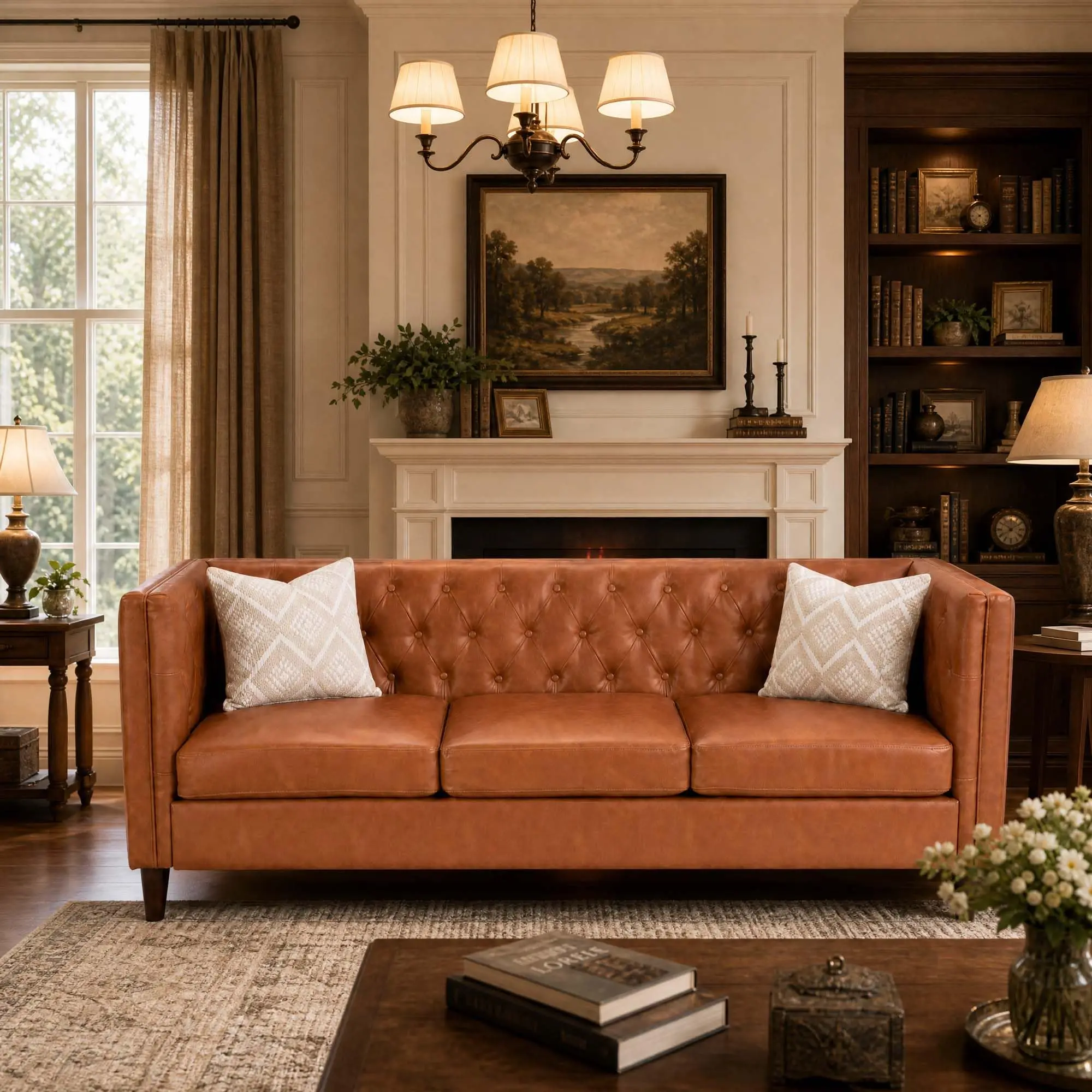 Garvee 81in 3-Seat Leather Sofa - Handmade Button Tufted Chesterfield Design, Deep Seat, Available in Cognac Tan, Black, Brown, Living Room & Apartment Office Furniture, Three Seats
