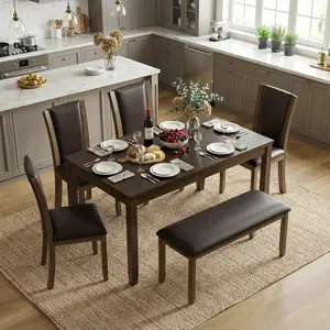 6-Piece Farmhouse Dining Table Set with Bench & 4 Chairs, Dark Walnut Wooden Dining Room Set for 6, Rustic Kitchen Table with Padded Seats for Home & Apartment