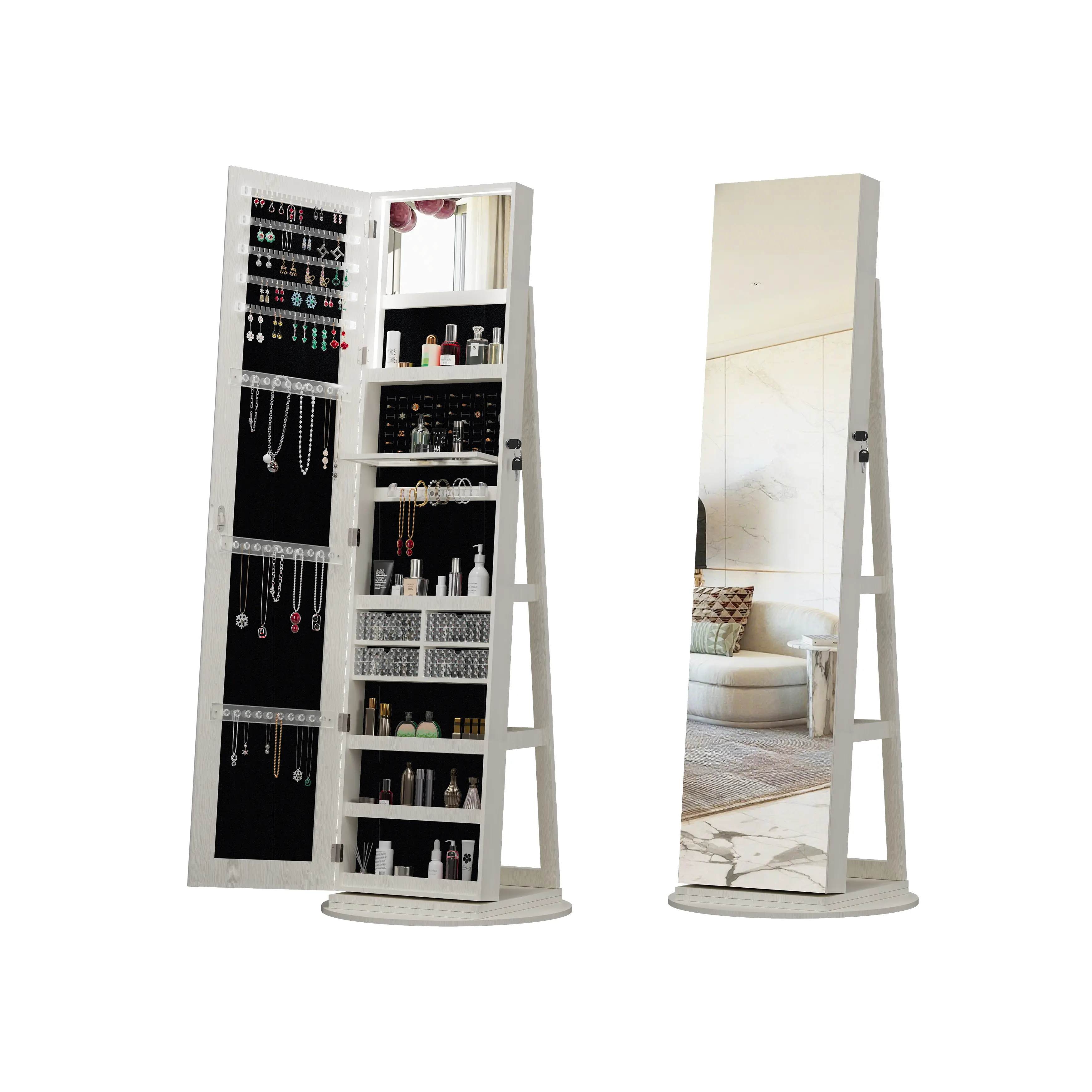 Sturdy LED Illuminated Makeup Vanity Jewelry Cabinet Armoire with Lock, 360-Degree Adjustable Rotating Floor Mirror, Freestanding Closet with Standing Frame, LED Lighting Storage Organizer, Led Illuminated Mirror, Adjustable Rotating Floor Mirrors