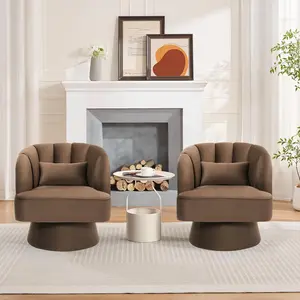 Brown Set of 2 Modern Velvet Swivel Barrel Chairs, 360° Rotating Lounge Armchairs with Striped Backrest and Soft Cushion, Comfy Accent Chairs for Living Room, Bedroom, or Reading Nook