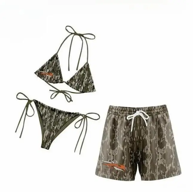Sitka Matching Bottomland Camo Swimwear Set for Couples – Black All-Over Print Bikini Top with Removable Padding – Tie-Side Thong Bikini Bottoms – Summer Vacation & Casual Holiday Beachwear