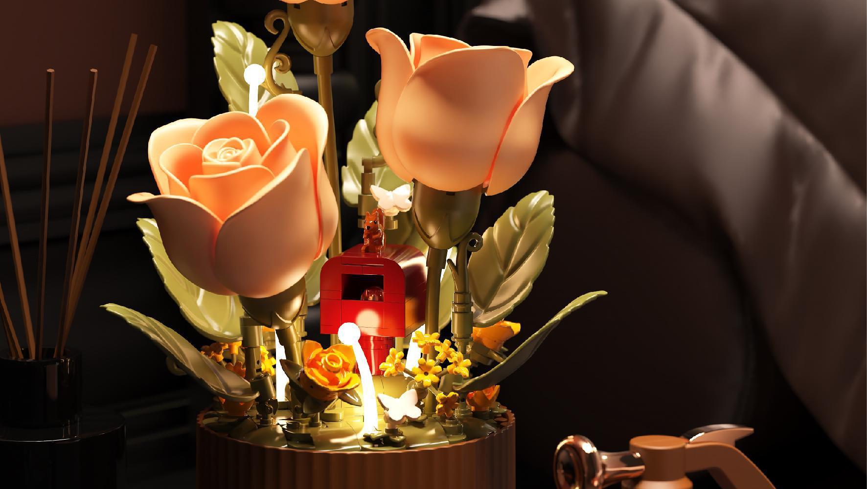 Dynamic Interactive Building Block Flower One Click Blooming Ambient Night Light Educational Assembly Desktop Ornament Perfect Gift(Building block style, requires assembly)