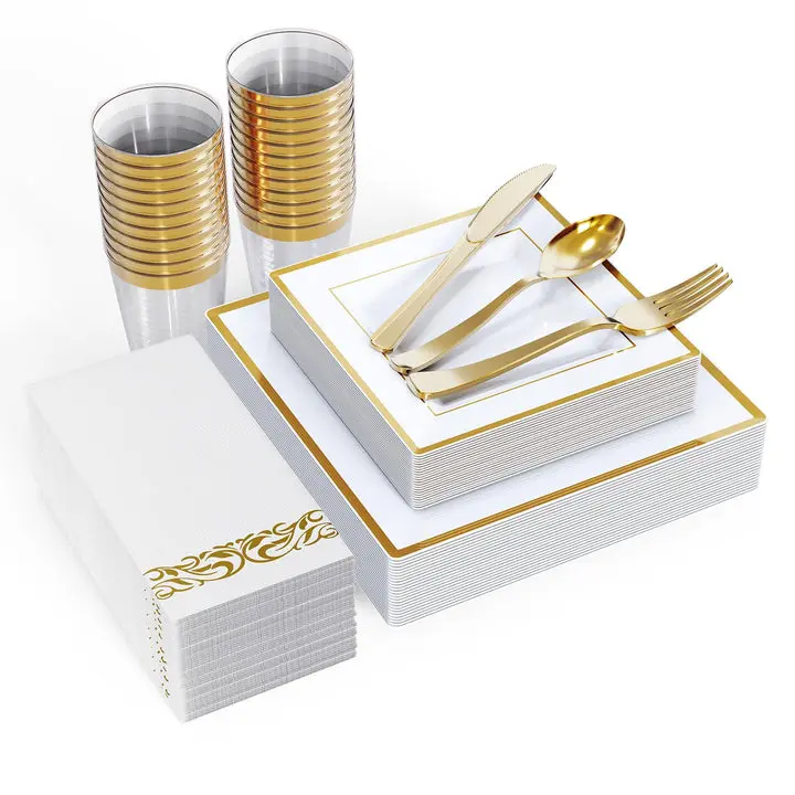 Gold/Rose/Diamond Trim 175pc 25set Disposable Square Plates and Tableware Set: Dinner Plates,Dessert Plates,Cups,Napkins,Knife,Forks,Fpoons-Perfect for Party Reusable |BPA Free Gold Plastic Dinnerware Food Grade Plastic