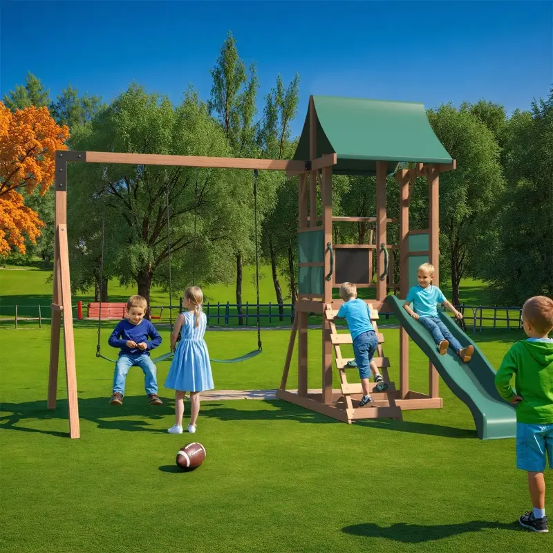 Swing Sets For Backyard, 4-in-1 Outdoor Swing Set With Slide, Climbing Rock Wall, And Soft Cushion Swings For Backyard Playground