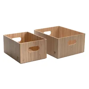 2-Piece Stackable Bamboo Storage Box Set with Labeling Clips | Large (14”) & Small (12”) Eco-Friendly Nested Bins for Home & Office