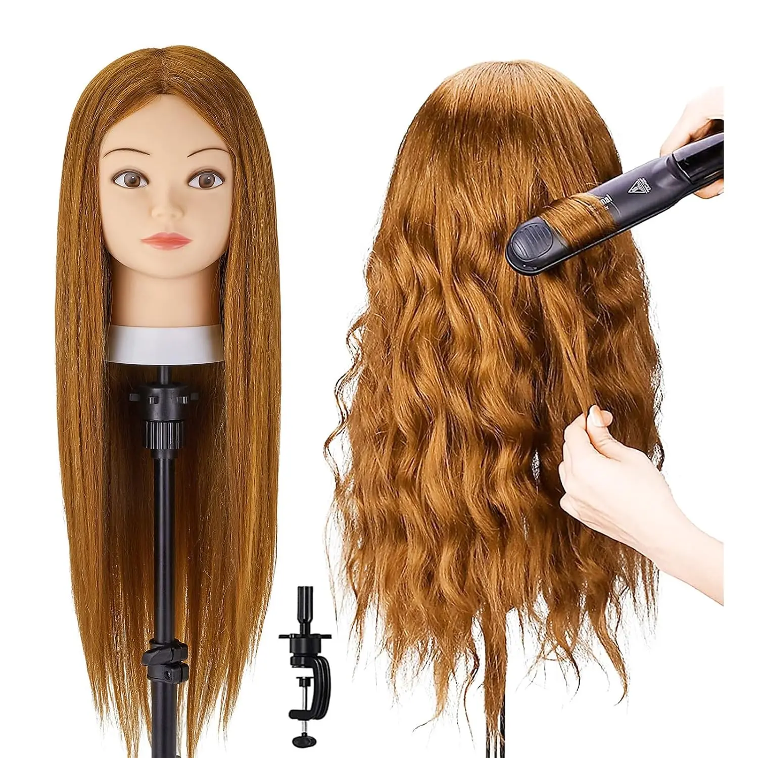 Mannequin Head with 80% Human Hair, 28'' Doll Head for Cosmetology & Hairdresser, Real Hair Cosmetology Makeup Hairdressing Training Head comb