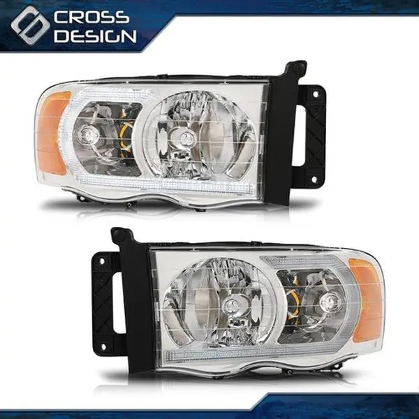 CROSSDESIGN Factory Direct LED Headlight Assembly Kit (1 Pair) - Chrome Housing with Amber Corners, Vehicle-Specific Fit for 02-05 Dodge Ram 1500,2500,3500, Durable Easy-Install Led Front Lights, Car Exterior Upgrade