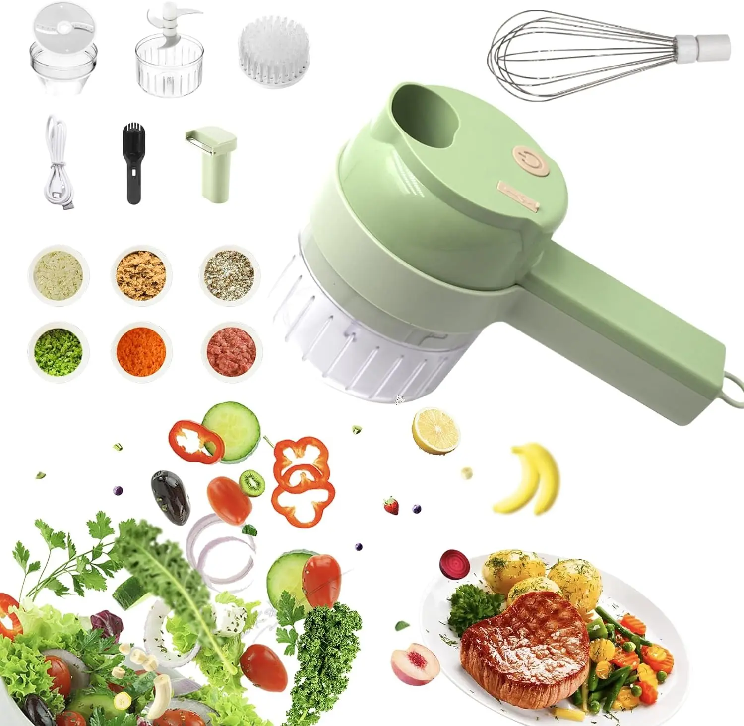 5-in-1 Electric Food Chopper Set – Multi-Functional Handheld Processor with Dual Beaters for Eggs & Cream + Cleaning Brush | Perfect for Vegetables, Meat & Salad Prep