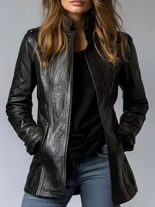 Women's PU Motorcycle Jacket - Retro Coat with Stand Collar & 3D, H-Line Silhouette, Loose Fit Long Sleeve Blazer, Front Zipper & Pocket, Spring/Fall/Autumn Outerwear (Not Machine Washable)