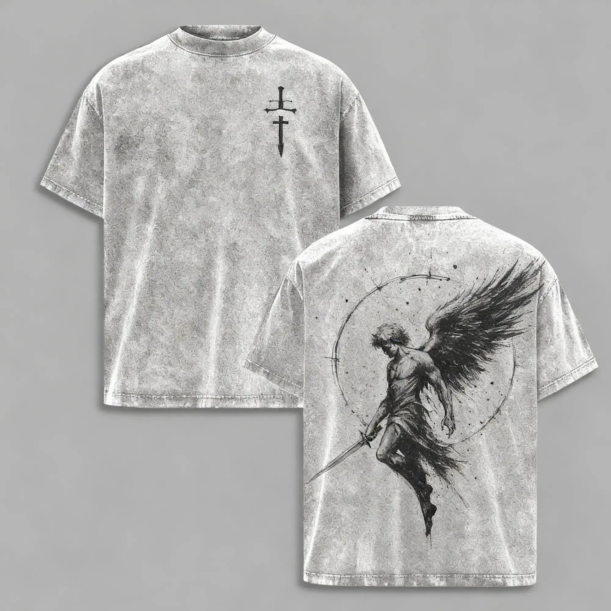 Men's Fallen Angel Graphic Print T-Shirt, Gothic Streetwear Aesthetic, Heavyweight Pure Cotton Short-Sleeve Crew Neck Top