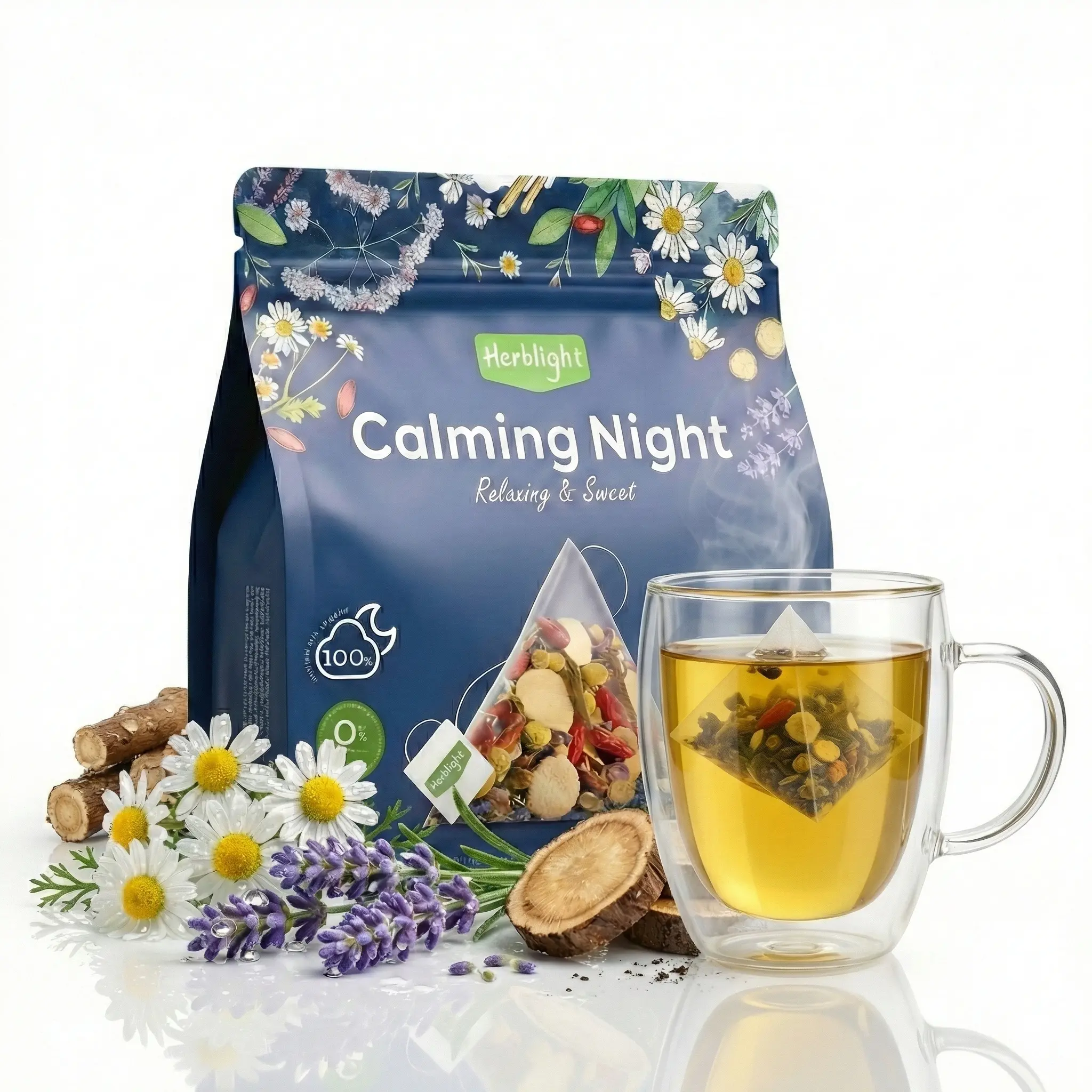 Herblight Herbal Tea Sleep Support & Stress Relief| Ashwagandha, Valerian Root, Chamomile, Lavender & Licoricel- 2.6oz (75g) - No Flavors - Caffeine Free