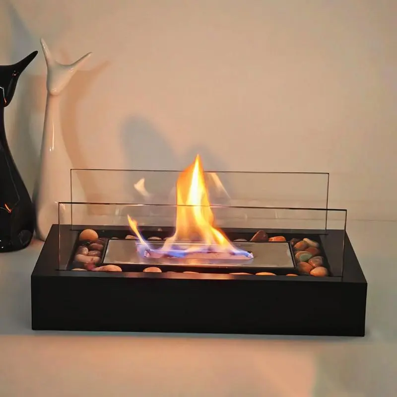 Portable Rectangular Tabletop Fire Pit, Mini Indoor/Outdoor Fireplace with Stone Base and Clear Glass Panel, Desktop Fire Pit for Garden, Patio and Yard, Outdoor Fire Pits