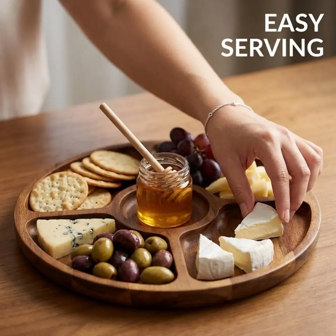 Wooden Tray with 2/3/4/5 Compartments, Round BBQ Plate, Serving Platter for Meat, Cheese, Nuts, Fruits, Kitchen Storage, Reusable, Decorative, Gift Idea, Cheese Platter, Food Trays