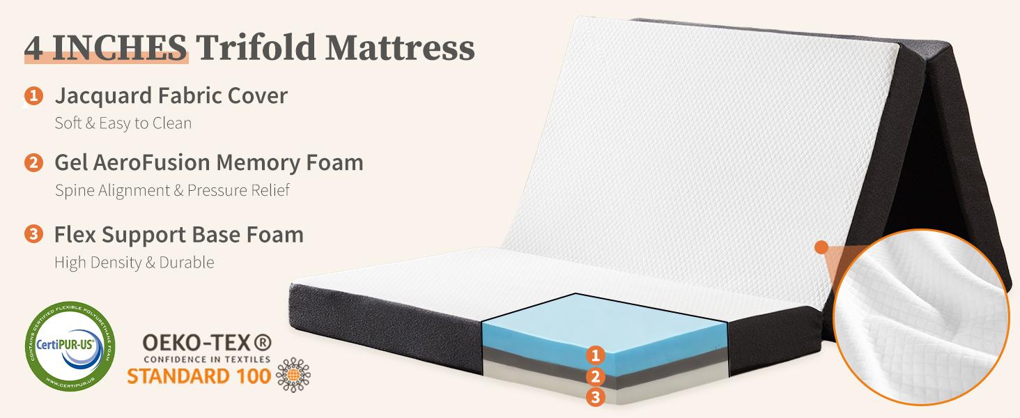Sweet Furniture F Folding Mattress, Tri-fold Memory Foam Mattress Topper for Camping, Foldable Mattress Topper with Washable Cover, Various Sizes, White