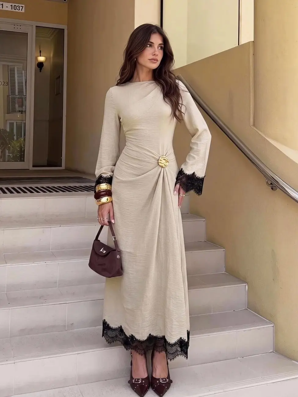 Women's Elegant Burgundy Autumn Long Dress,Twist Front Metal Buckle Decor Flare Sleeve Formal Wedding Guest Dress,Modest Church Dining Casual Dress