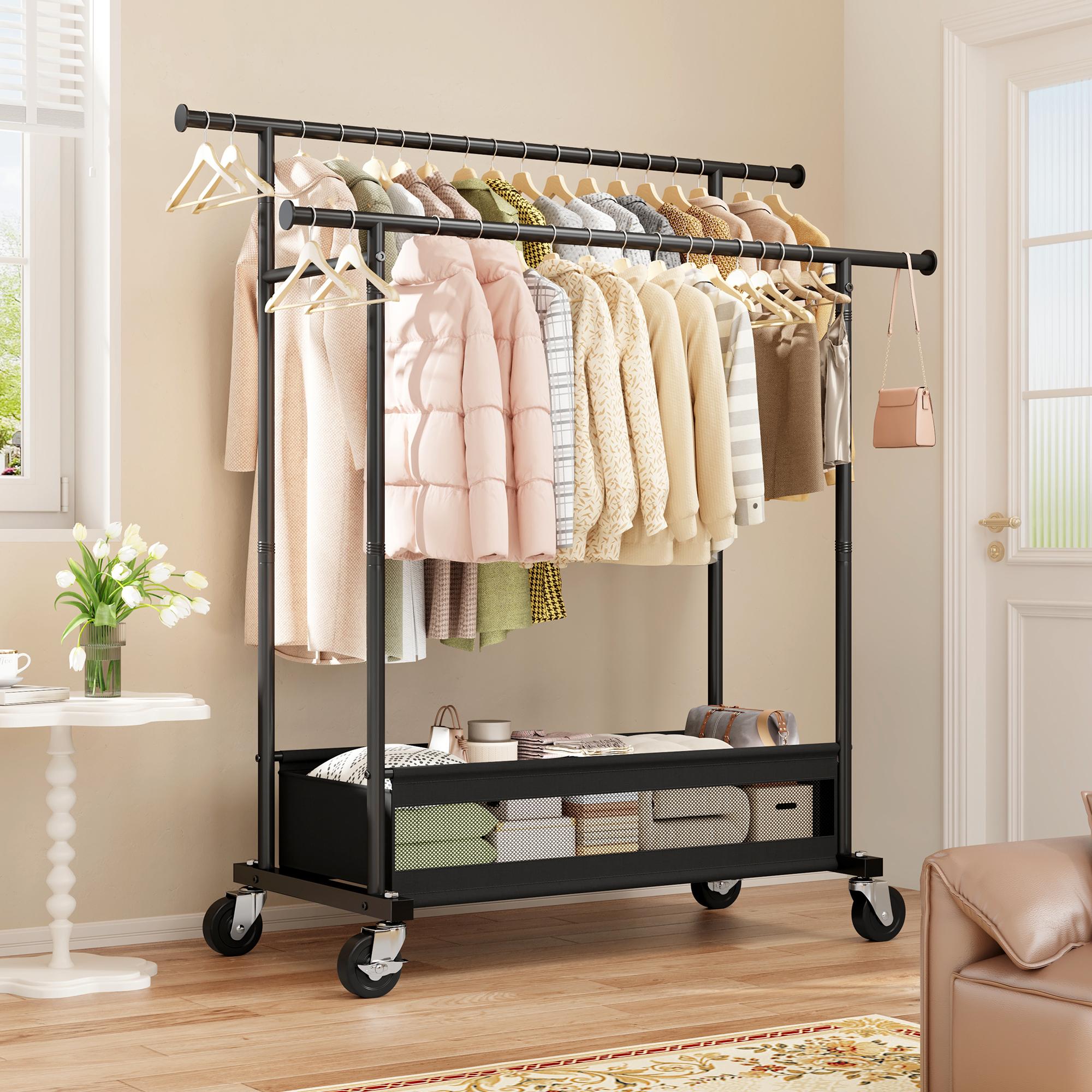 Raybee Clothing Rack with Shelves &Double Hanging Rods, Portable Clothes Rack with Wheels Rolling Garment Rack,  HangingClothing racks Holds Up to 245LBS, Metal Closet Rack, Clothes Organizer Solutions 43.3"Wx22"Dx70.3"H