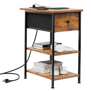 End Table with Shelves and Charging Station, Flip Top Side Table with USB Ports and Outlets, Bedside Table