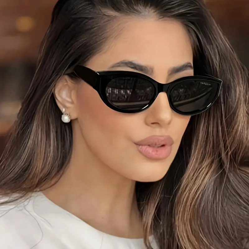 Women’s Black Cat-Eye Sunglasses - Glossy PC Streamlined Frame, Eyewear Fashion, Dark Ebony Women’s Sunglasses, Fashion Glasses with Decorative Accents for Stylish Outings