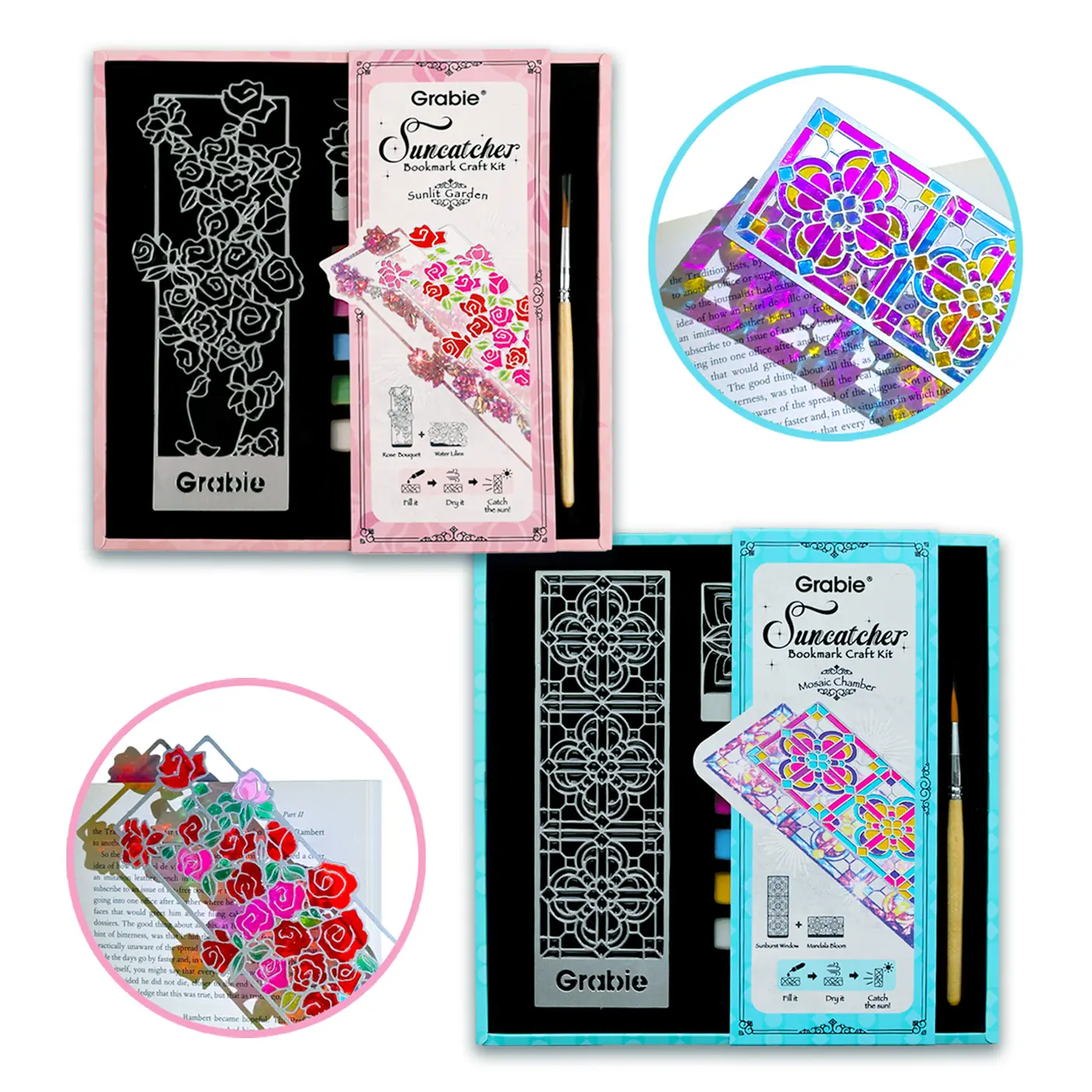 Grabie Impressionist Suncatcher Bookmark Craft Kit - 2-Pack Elegant Glass Paint Kit (5 Tubes) with Colorful Reflections, Themed Sets, Relaxing Creation, Handmade Inserts, Mosaic Chamber, Book Lover Gifts for Desks Office Stationery Art Supply, Two Piece S