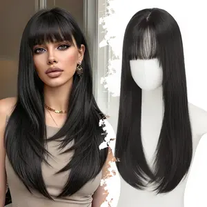 ONLYCUTE Realistic Scalp Hair Topper with Bangs for Women 20 inch Long Black Color Free Parting,Layered Straight Hairstyle Synthetic Heat Resistant for Daily Party Use