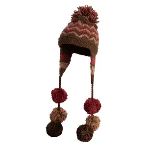 Zig Zag Knit Pom Pom String Beanie